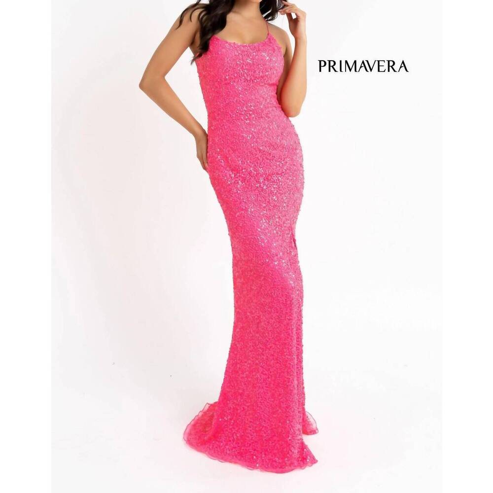 NEW PRIMAVERA lace up back sequin gown in neon pink